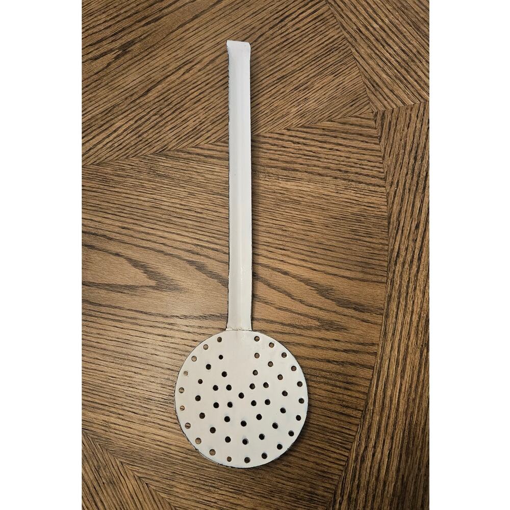 White Enamelware Skimmer Spoon 15" Long Handle 4" Strainer Farmhouse Kitchen